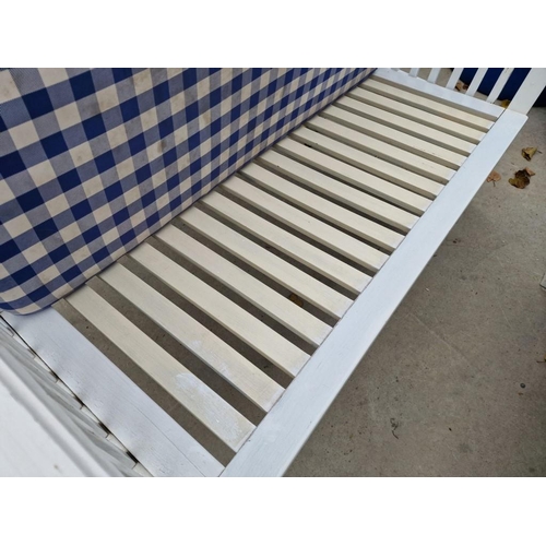 132 - White Finish Wooden Garden / Patio Set of 2-Seater Sofa, Pair of Arm Chairs with Blue Check Pattern ... 