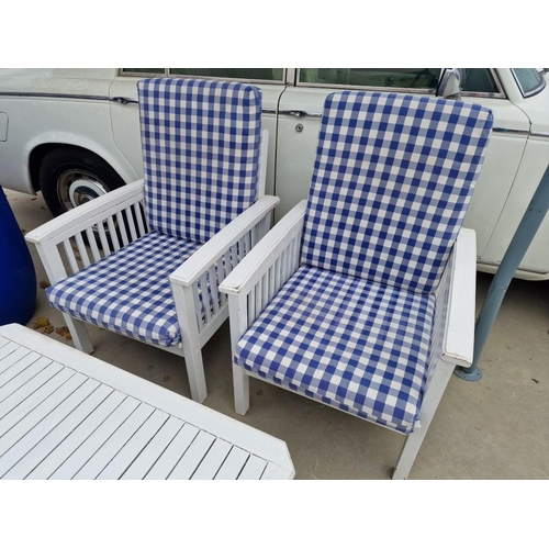 132 - White Finish Wooden Garden / Patio Set of 2-Seater Sofa, Pair of Arm Chairs with Blue Check Pattern ... 