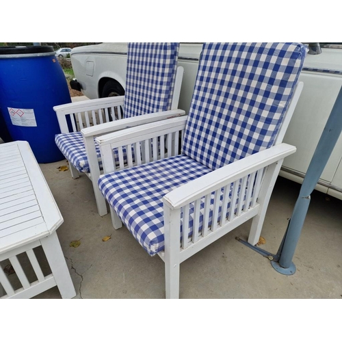 132 - White Finish Wooden Garden / Patio Set of 2-Seater Sofa, Pair of Arm Chairs with Blue Check Pattern ... 