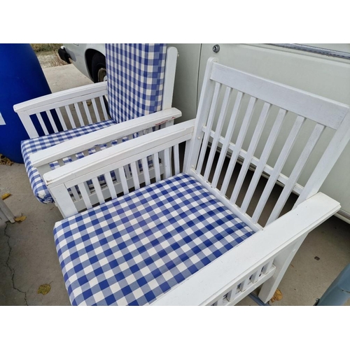 132 - White Finish Wooden Garden / Patio Set of 2-Seater Sofa, Pair of Arm Chairs with Blue Check Pattern ... 