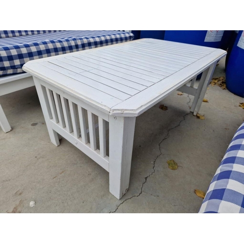 132 - White Finish Wooden Garden / Patio Set of 2-Seater Sofa, Pair of Arm Chairs with Blue Check Pattern ... 