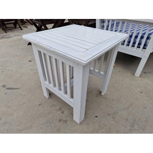 132 - White Finish Wooden Garden / Patio Set of 2-Seater Sofa, Pair of Arm Chairs with Blue Check Pattern ... 