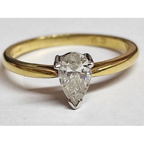 95 - 18ct Gold and Pear Cut Diamond Solitaire Ring, (Approx. Size: M, 2.2g)