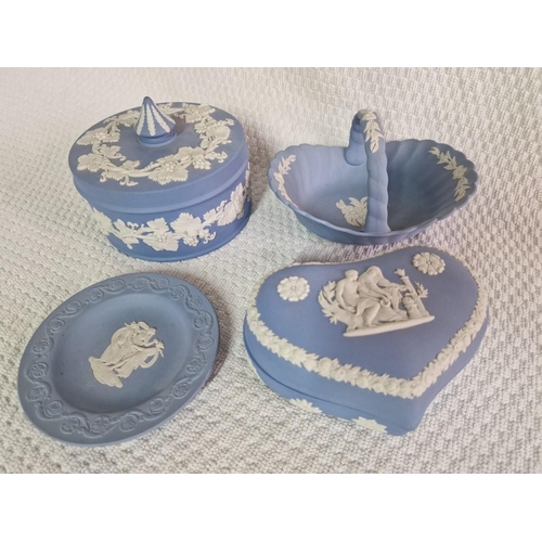 66 - Collection of Wedgwood Blue Jasperware Items; Round Lidded Dish, Heart Shaped Lidded Dish, Basket an... 