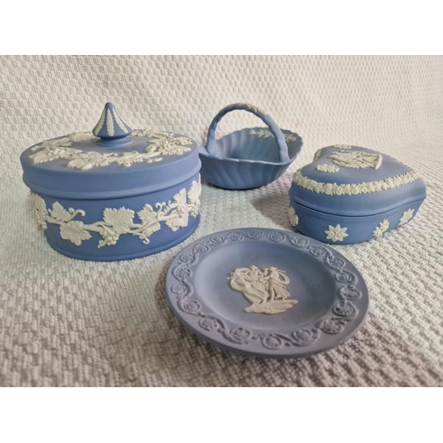 66 - Collection of Wedgwood Blue Jasperware Items; Round Lidded Dish, Heart Shaped Lidded Dish, Basket an... 