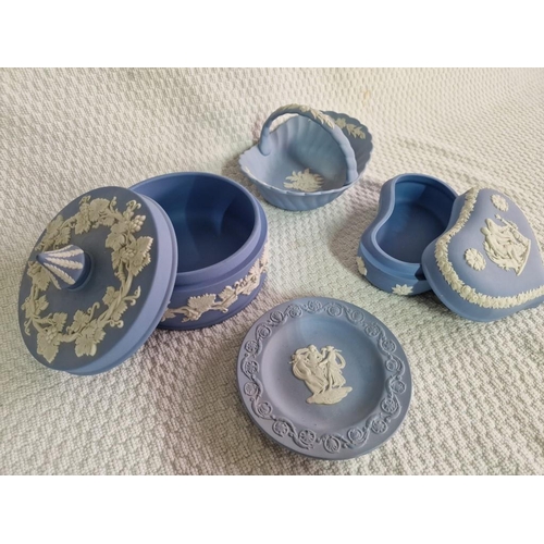 66 - Collection of Wedgwood Blue Jasperware Items; Round Lidded Dish, Heart Shaped Lidded Dish, Basket an... 