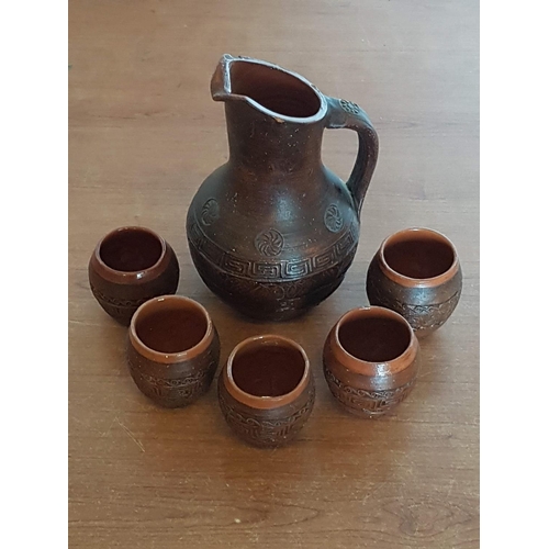 65 - Vintage Style Greek Pattern Red Terracotta Wine Pitcher (H:18cm) with 5 x Small Goblets (H:6cm each)... 