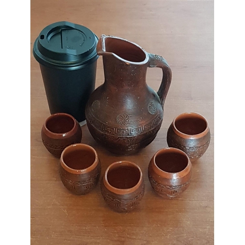 65 - Vintage Style Greek Pattern Red Terracotta Wine Pitcher (H:18cm) with 5 x Small Goblets (H:6cm each)... 