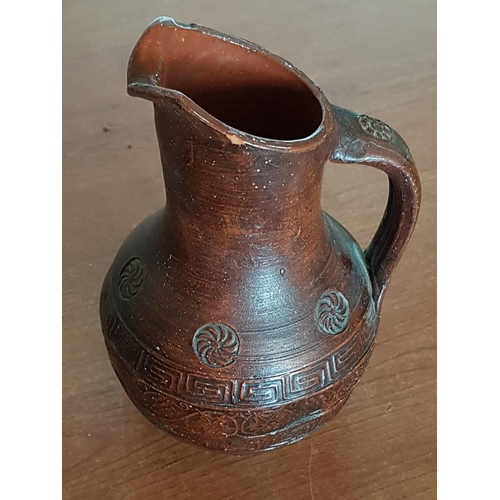 65 - Vintage Style Greek Pattern Red Terracotta Wine Pitcher (H:18cm) with 5 x Small Goblets (H:6cm each)... 