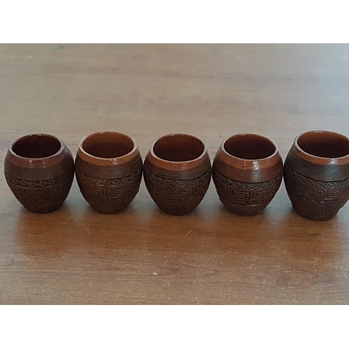 65 - Vintage Style Greek Pattern Red Terracotta Wine Pitcher (H:18cm) with 5 x Small Goblets (H:6cm each)... 