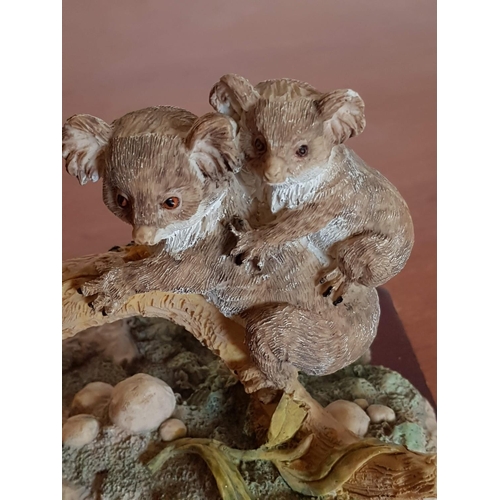 82 - Koala Bears Copperart Ornament Resin Sculpture (Approx. 14.5 x 15cm) on Wooden Base (16 x 13cm)