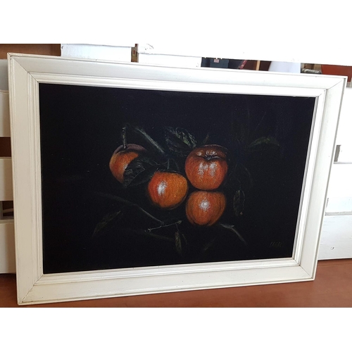 88 - Retro Picture Fruit Still Life Painting on Velvet and Framed (White Finished), (49.5 x 69.5cm)