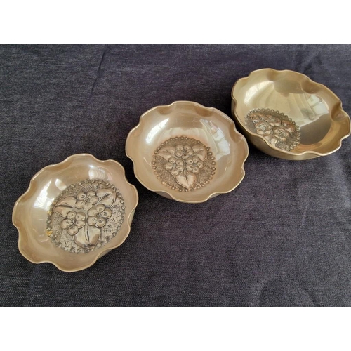 128B - Graduating Set of 3 x Cypriot Silver (.830) Fluted 3-Footed Dishes, with Relief Floral Pattern Base,... 