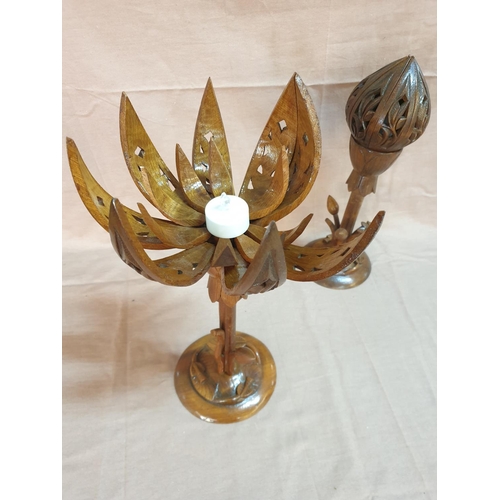 836 - Hand Carved Wooden Lotus Flower Table Lamp (H:40, H:34cm)