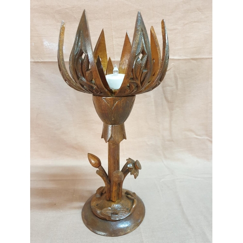 836 - Hand Carved Wooden Lotus Flower Table Lamp (H:40, H:34cm)