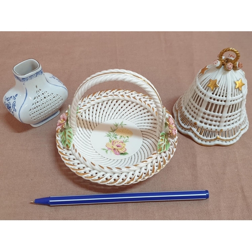 839 - Vintage Collection of Porcelain Woven / Rope Basket, Bell and Vase