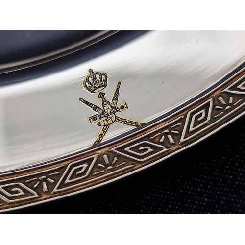 105 - Sterling Silver (925) Round Plate / Dish with Gold Tone Patterned Border and National Emblem of Oman... 