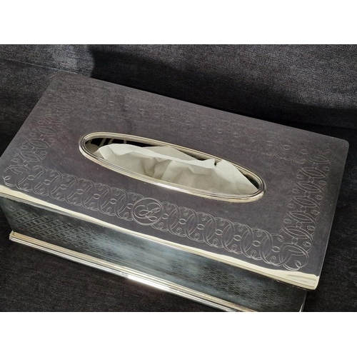 108 - High Quality Silver Plated Tissue Box Holder with Patterned Top and Sides, * Looks Immaculate / Unus... 