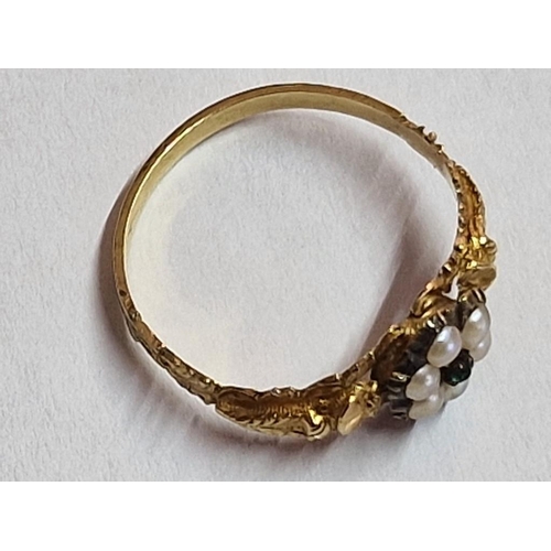 112 - Decorative 14ct Gold Ring with 6 x Seed Pearls(?) around a Small Green Stone, (Approx. 1.2g, Size: L... 