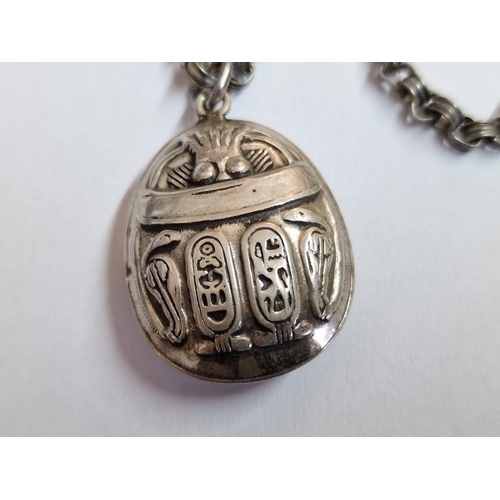 115 - Handmade Egyptian Silver Raised Scarab Hieroglyphic Cartouche Pendant on Necklace Chain, (Approx. 14... 