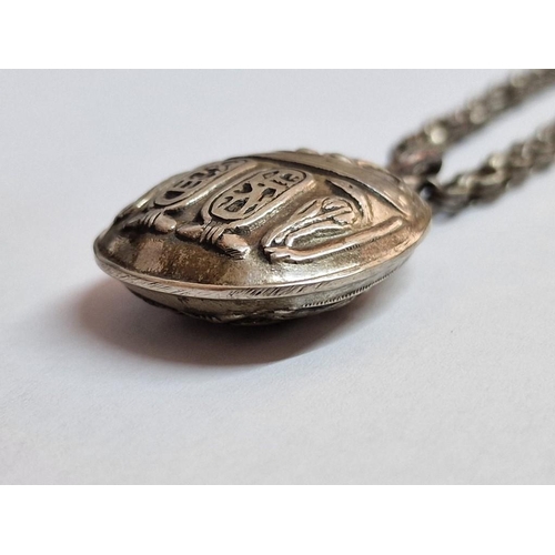 115 - Handmade Egyptian Silver Raised Scarab Hieroglyphic Cartouche Pendant on Necklace Chain, (Approx. 14... 