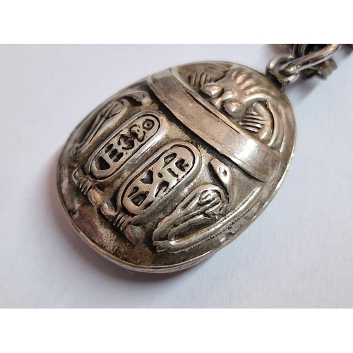 115 - Handmade Egyptian Silver Raised Scarab Hieroglyphic Cartouche Pendant on Necklace Chain, (Approx. 14... 