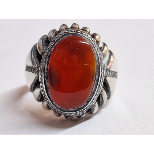 119 - Large Decorative Sterling Silver Ring with Oval Shape Amber  Stone, (Approx. 15g, Size: W/X)