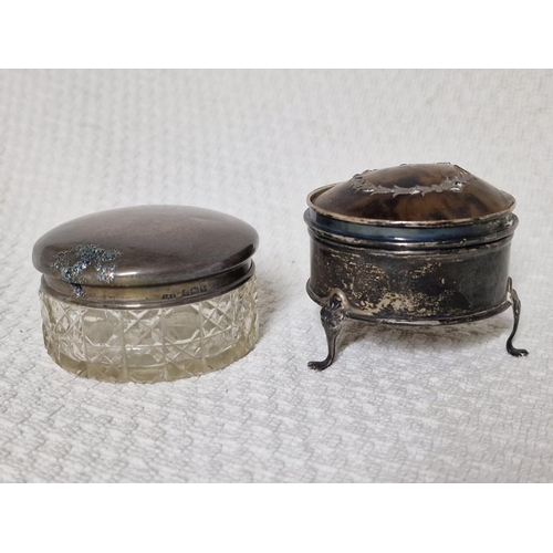 122 - Antique Crystal Dressing Table Pot with Sterling Silver Lid, Together with Silver 3-Footed Pot with ... 