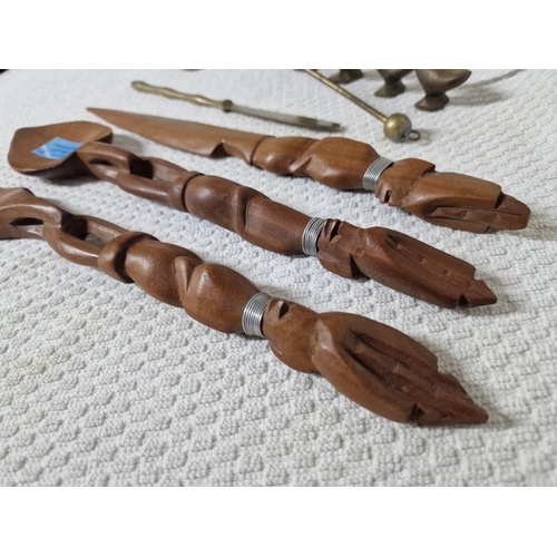 169 - Collection of Items; African Carved Wood Salad Servers and Letter Opener(?), Brass Candle Snuffer, B... 