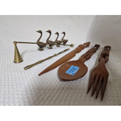 169 - Collection of Items; African Carved Wood Salad Servers and Letter Opener(?), Brass Candle Snuffer, B... 