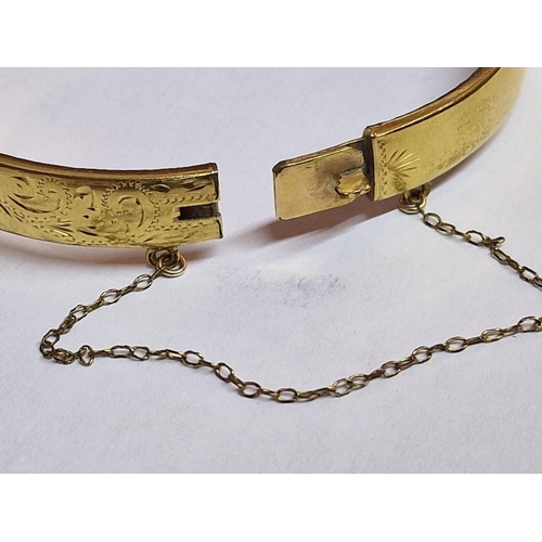 211 - Decorative 9ct Rolled Gold Bangle Bracelet with Safety Chain, (Approx. 10.8g, 20 Microns, 6 x 5.5cm ... 