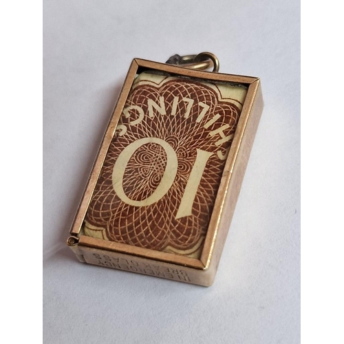 83 - Vintage 9ct Gold 'Emergency Money' Charm / Pendant with 10 Shillings Note inside Rectangular Pendant... 