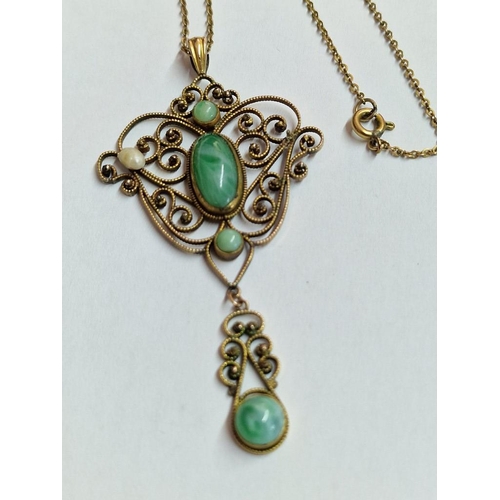 86 - Elegant 9ct Gold Pendant Set with Green Stones, (Approx. 8.1g, H: 7cm), on Yellow Metal Chain, (Appr... 