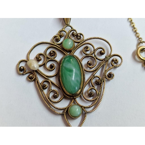 86 - Elegant 9ct Gold Pendant Set with Green Stones, (Approx. 8.1g, H: 7cm), on Yellow Metal Chain, (Appr... 