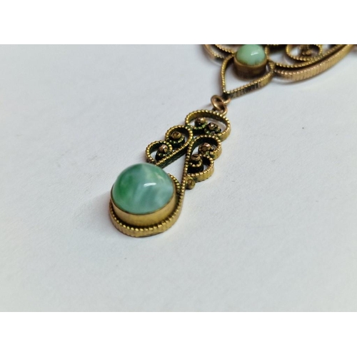 86 - Elegant 9ct Gold Pendant Set with Green Stones, (Approx. 8.1g, H: 7cm), on Yellow Metal Chain, (Appr... 