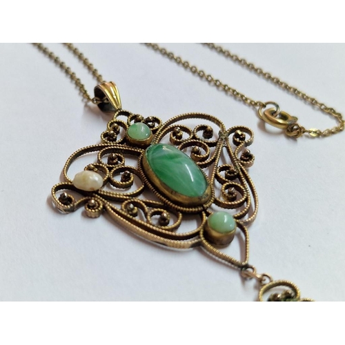 86 - Elegant 9ct Gold Pendant Set with Green Stones, (Approx. 8.1g, H: 7cm), on Yellow Metal Chain, (Appr... 