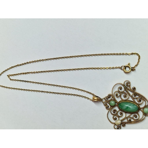 86 - Elegant 9ct Gold Pendant Set with Green Stones, (Approx. 8.1g, H: 7cm), on Yellow Metal Chain, (Appr... 