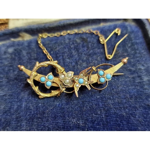 89 - Antique 9ct Gold Decorative Brooch with Seed Pearls(?) and Round Turquoise Stones, with Safety Chain... 