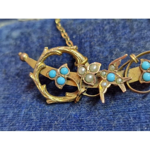 89 - Antique 9ct Gold Decorative Brooch with Seed Pearls(?) and Round Turquoise Stones, with Safety Chain... 