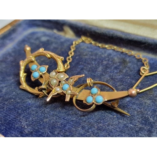 89 - Antique 9ct Gold Decorative Brooch with Seed Pearls(?) and Round Turquoise Stones, with Safety Chain... 