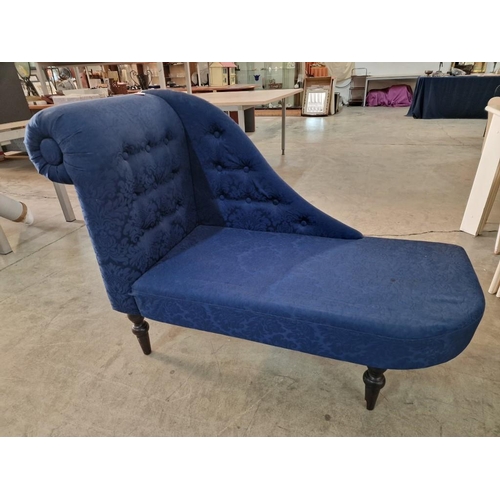 292g - Vintage Chaise Lounge with Patterned Blue Fabric, Turned Wood Legs and Button Back Scroll End, (Appr... 