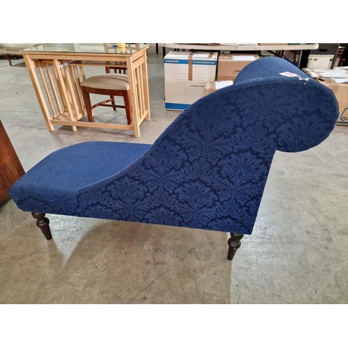 292g - Vintage Chaise Lounge with Patterned Blue Fabric, Turned Wood Legs and Button Back Scroll End, (Appr... 