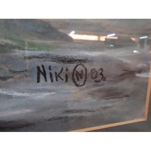 730g - Framed Pastel Picture of Ship at Sea, Signed 'Niki 03', (Approx. 64 x 79cm)