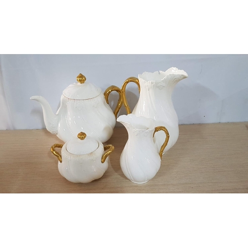 740g - Antique Coalport C.1891 - 1920, White and Gold Decorated Tea Set; Tea Pot (Repair) Jug, Milk Jug and... 