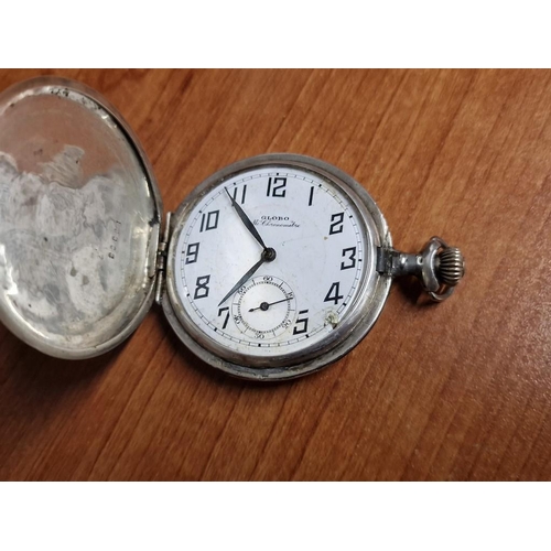 603 - Antique Globo Mi-Chronometre Silver Plated Pocket Watch, Manual Wind * Running When Lotted * with De... 