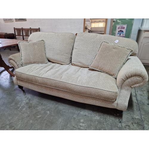 521 - Large 2-Seat Fabric Sofa with Scroll Arms, Turned Wooden Legs and Brass Casters