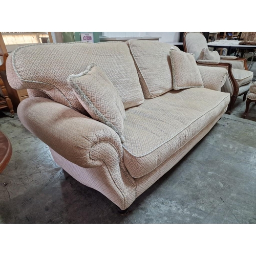 521 - Large 2-Seat Fabric Sofa with Scroll Arms, Turned Wooden Legs and Brass Casters