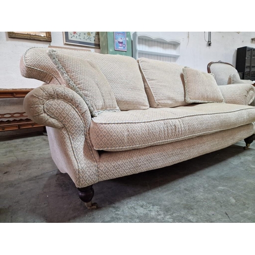 521 - Large 2-Seat Fabric Sofa with Scroll Arms, Turned Wooden Legs and Brass Casters