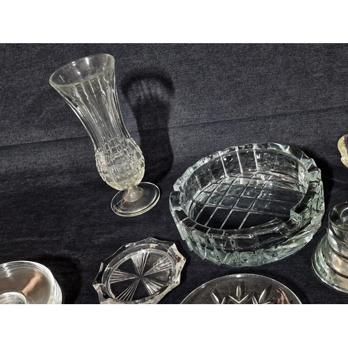 610 - Collection of Assorted Crystal & Glassware; Vase, Ash Tray, Leaf Shape Bowl, 4 x Designer Candle Hol... 