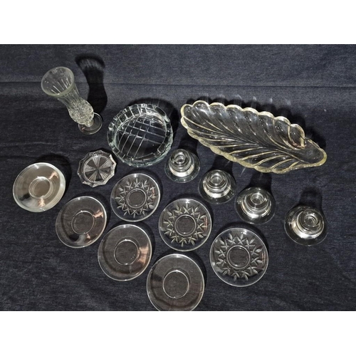 610 - Collection of Assorted Crystal & Glassware; Vase, Ash Tray, Leaf Shape Bowl, 4 x Designer Candle Hol... 